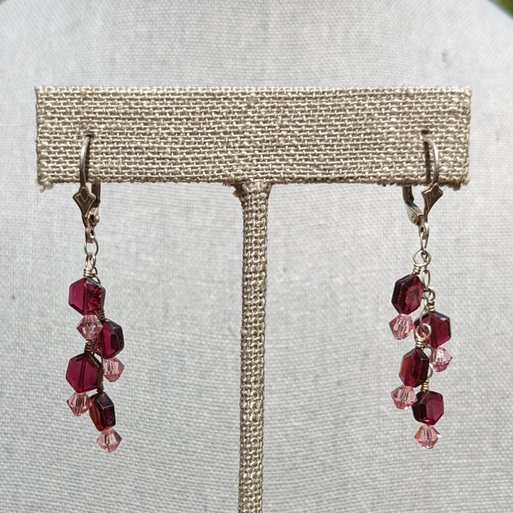 Sterling Silver Drop Earrings with Garnets & Light Rose Swarovski Crystals